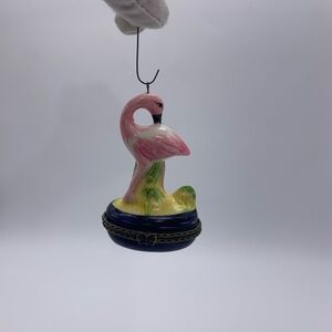 Vtg. Hinged Porcelain Pink Hanging Flamingo & Cactus Pill Trinket Oval Box 2.5”